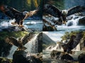 AI generated illustration of a collage of an eagle above a green landscape