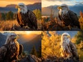 AI generated illustration of a collage of an eagle above a green landscape