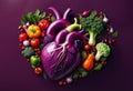 AI generated illustration of a collage of fruits and vegetables arranged in the shape of a heart