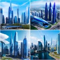 AI generated illustration of a collage of stunning urban skylines with illuminated buildings