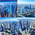 AI generated illustration of a collage of stunning urban skylines with illuminated buildings