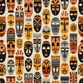 AI generated illustration of a collection of African masks arranged in an artistic, graphic style