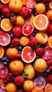 AI generated illustration of a collection of colorful citrus and berry fruits in the foreground