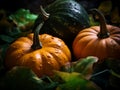 AI-generated illustration of A collection of four ripe pumpkins with a blurry background