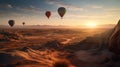 AI generated illustration of a collection of hot air balloons drifting over the rolling hills