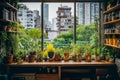 AI generated illustration of a collection of lush potted plants beautifully arranged on a windowsill