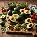 AI-generated illustration of A collection of ripe avocados arranged on a wooden background