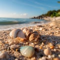 AI generated illustration of A collection of shells scattered across a sandy beach