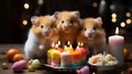 a group of small hamsters look at a birthday cake