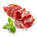 AI generated illustration of A collection of succulent Bologna ham slices on white background