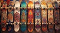 AI generated illustration of a collection of vibrant skateboards adorning a wall