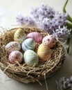 AI generated illustration of colored Easter eggs in a basket on a white table Royalty Free Stock Photo