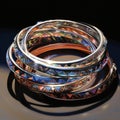 AI generated illustration of a colorful array of bangles displayed on a reflective surface