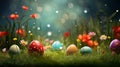 AI generated illustration of A colorful assortment of Easter eggs arranged on a lush green field