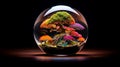 AI generated illustration of a colorful bonsai tree in a glass bubble