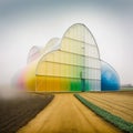 AI-generated illustration of colorful buildings at the farmyard with fog in the back