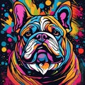 a colorful bulldog face on a black background with a paint splatter