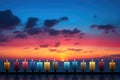 AI generated illustration of colorful candles against an orange and pink sky at sunset Royalty Free Stock Photo