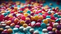 AI generated illustration of colorful candy pieces and small balls arranged on a blue background Royalty Free Stock Photo