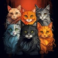 AI generated illustration of colorful cats sitting together in a dimly lit space