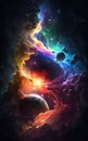 AI generated illustration of a colorful celestial scene with planets against a starry sky