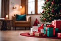 AI generated illustration of colorful Christmas tree adorned with festive decorations and presents Royalty Free Stock Photo