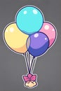 AI generated illustration of a colorful collection of helium balloons tied together with a bow