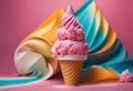 AI generated illustration of A colorful and creamy strawberry ice cream scooped into a waffle cone