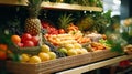 a display case with fresh fruits and vegetables for sale at a market Royalty Free Stock Photo