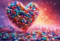 AI generated illustration of a colorful display of Valentine's Day treats in a heartsahape