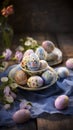 AI generated illustration of colorful Easter eggs and flowers on table Royalty Free Stock Photo