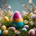 AI-generated illustration of colorful Easter eggs in the grass with flowers Royalty Free Stock Photo