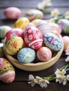 AI generated illustration of colorful Easter eggs and white daisies in wooden bowl Royalty Free Stock Photo
