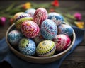 AI generated illustration of colorful Easter eggs in a wooden bowl adorned with flowers on a table Royalty Free Stock Photo