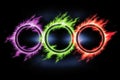 AI generated illustration of colorful fire rings on a black background Royalty Free Stock Photo