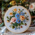 AI generated illustration of colorful floral embroidery hoop with small flowers