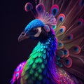 AI generated illustration of a colorful fluorescent peacock with a fully fanned tail Royalty Free Stock Photo