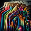 AI generated illustration of colorful Hawaiian shirts in the closet on hangers Royalty Free Stock Photo