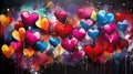 several colorful hearts sitting on a wall with dripping paint on it