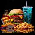 hamburger and french fries on a table near a drink and a glass Royalty Free Stock Photo