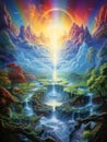 AI generated illustration of a colorful landscape with fountain of youth waterfalls