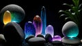 AI generated illustration of A of colorful and luminescent stones and rocks with a dark background