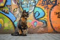 a cat is looking on at a large colorful mural in the background