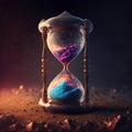 AI-generated illustration of a colorful mystical hourglass with stones around and dark background