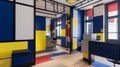 AI-generated illustration of a colorful office with vibrant multi-colored panels