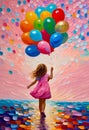 AI generated illustration of a colorful painting of a young female with balloons