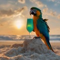 AI generated illustration of a colorful parrot on the beach drinking an exotic drink