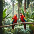 AI generated illustration of colorful parrots perched on a tree branch in a lush forest