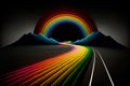 AI generated illustration of a colorful road leading to a rainbow on a dark background