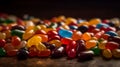 AI generated illustration of a colorful selection of jelly beans arranged on a wooden background